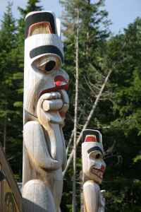 The beaver 'tsimsyan' crest totem pole stands tall at Kitselas Canyon historic site.