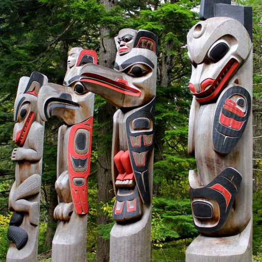Kitselas Nation totem poles at the Kitselas Canyon National Historic Site of Canada. Photo by Meaghan Hume.