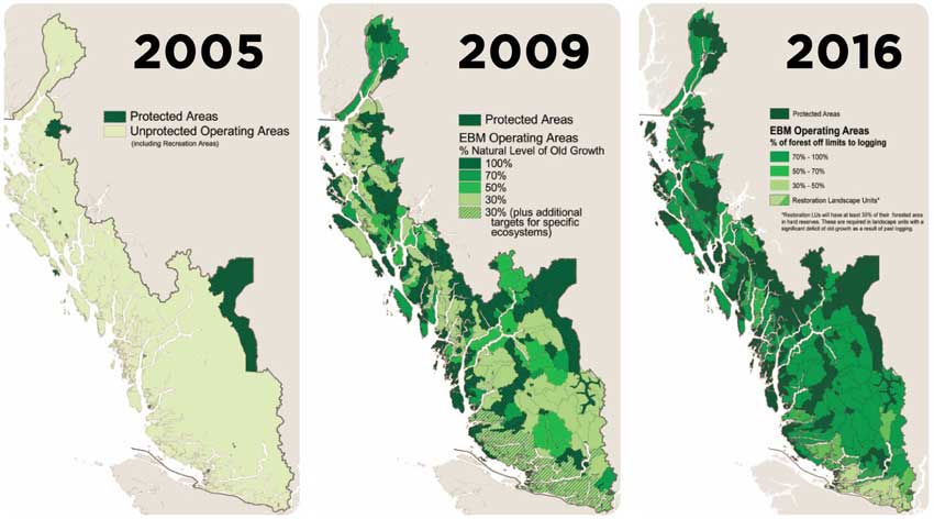 Map of the Great Bear Rainforest depicting ecosystem-based management and protected areas, 2005, 2009, 2016