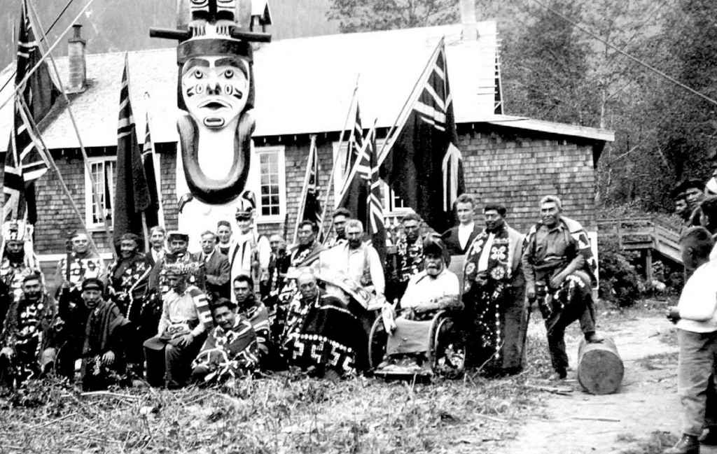 Musgamagw Dzawada'enuxw Chiefs at the raising of the MD pole in 1938. Photo courtesy of Musgamagw Dzawada'enuxw Tribal Council