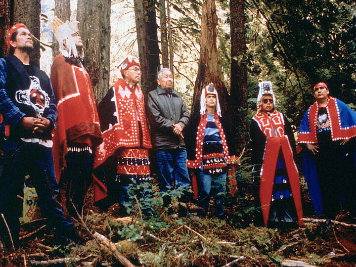 Nuxalk Hereditary Chiefs protesting against logging at the sacred ISTA site. Photo courtesy of Nuxalk Nation