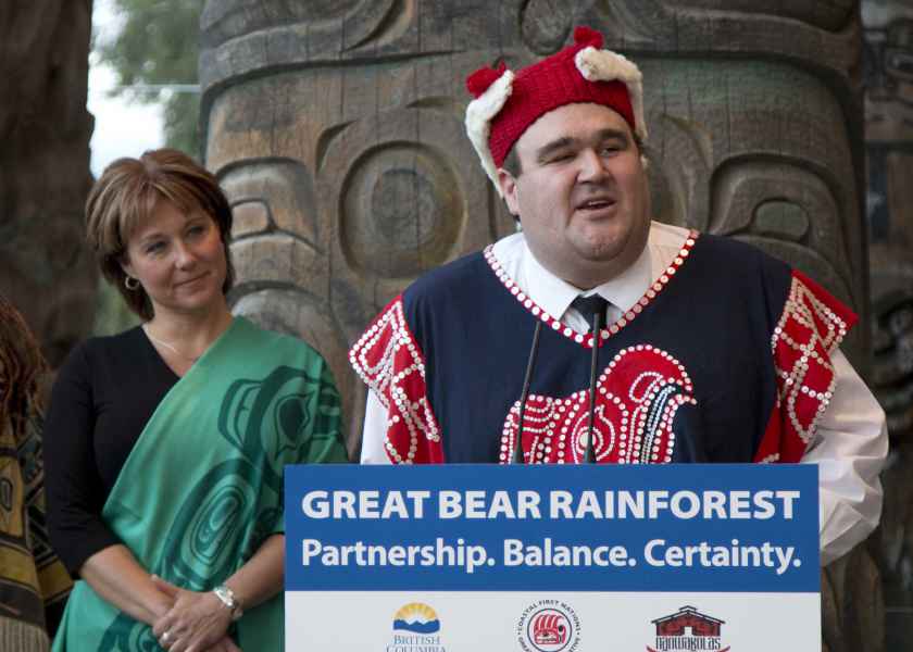 Na̲nwak̲olas Council President Dallas Smith speaking at the GBR Agreement announcement 2016. Photo courtesy of Province of British Columbia