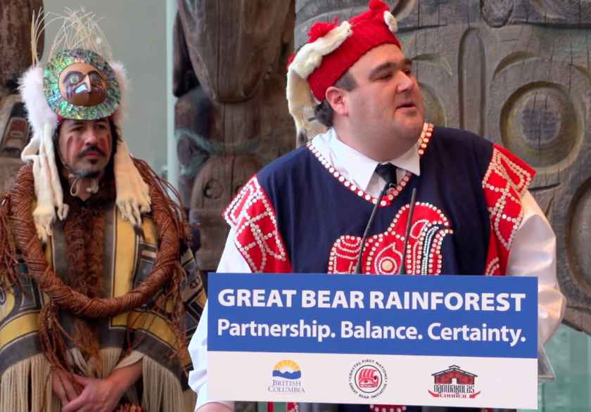 Dallas Smith, President, Nanwakolas Council, speaks at the Great Bear Rainforest announcement with the Province of British Columbia, 2016.