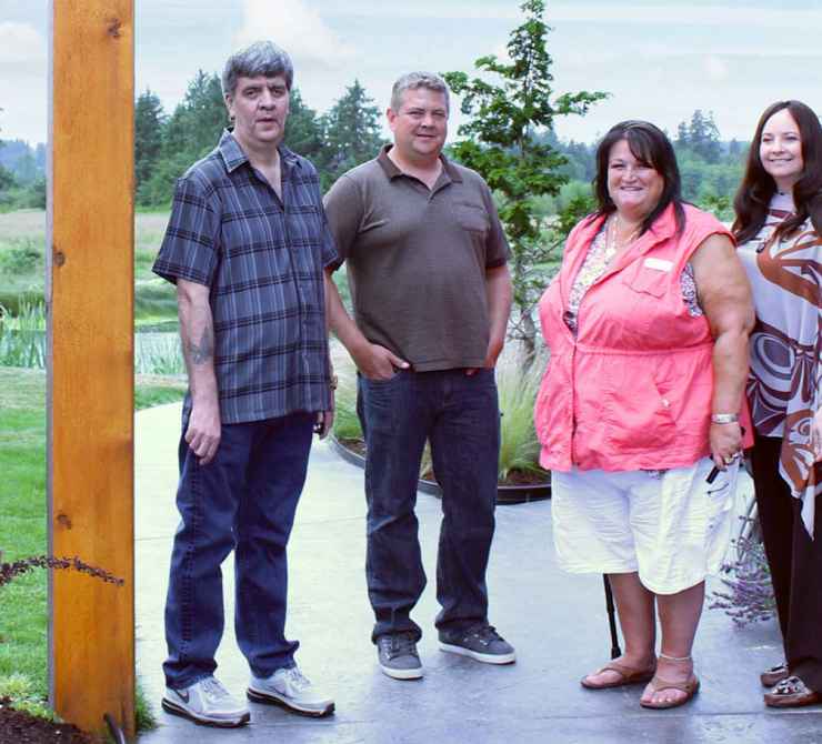 Wei Wai Kum Nation members Chief Councillor Bob Pollard, Councillor Chris Roberts, Thunderbird RV Park Operations Manager Sandra Malone, and Wei Wai Kum Band Manager welcome visitors to beautiful Tyee Spit. Photo by Coast Funds.