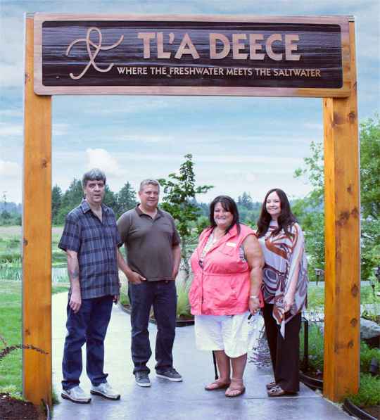 Wei Wai Kum Nation members Chief Councillor Bob Pollard, Councillor Chris Roberts, Thunderbird RV Park Operations Manager Sandra Malone, and Wei Wai Kum Band Manager welcome visitors to beautiful Tyee Spit. Photo by Coast Funds.