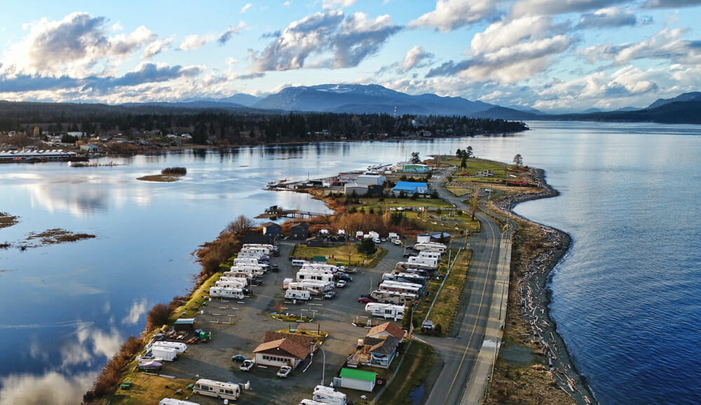 Tyee Spit, the location of Wei Wai Kum Nation’s Thunderbird RV Park & Resort, offers views of Campbell River estuary and Discovery Passage across to Quadra Island. Photo courtesy of Thunderbird RV Park & Resort