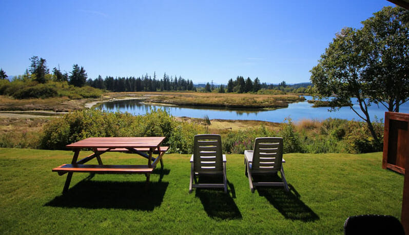 Visitors to the Orca Cottage enjoy this view of the estuary. Photo courtesy of Thunderbird RV Park & Resort.