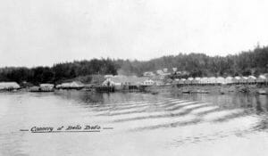 historical photo showing factory buildings on a shoreline, labelled Bella Bella