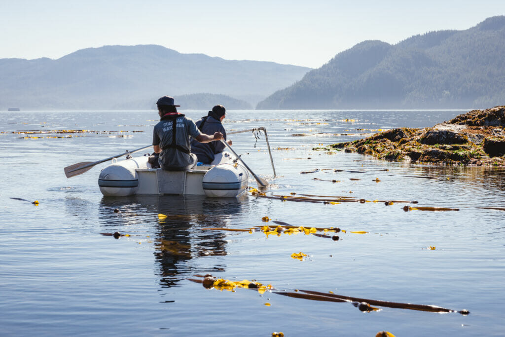 two young men in a dingy use a quadrant square to check for bull kelp
