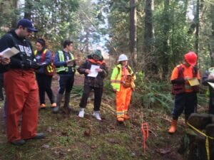 group of people in high-vis vests and work boots stand in a forest