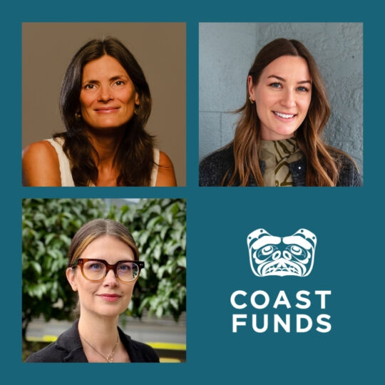 A square graphic image of three staff members. At the top, is Aimee and Logan. Below is Jessi and the Coast Funds logo in white.