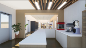 A rendered image of Gizuá Market after renovations. The image shows large white countertops, stylish wood panelling, and cafe appliances.