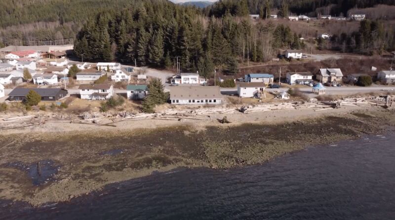 Aerial shot of Gizuá Market in x̄á’isla Kitamaat Village.