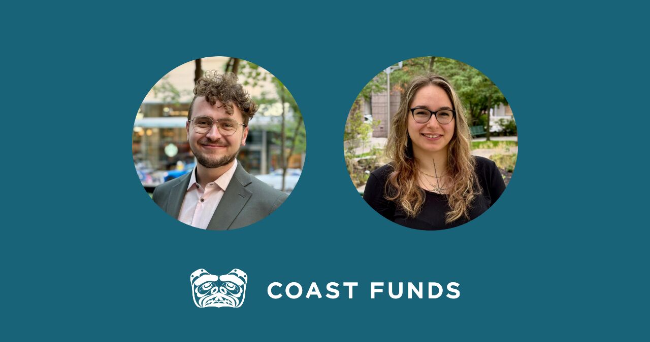 A banner image with a teal blue background and three photos cropped into circles. Each photo is a different team member: Landon who is wearing a grey and pink suit and Raven who is wearing a black long sleeve top. Below the images is the Coast Funds logo in white.