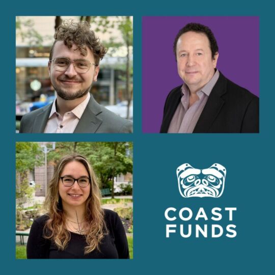 A square image with a teal blue background and three photos cropped into squares. Each photo is a different team member: Landon who is wearing a grey and pink suit, Michael who is wearing a black suit, and Raven who is wearing a black long sleeve top. Below the images is the Coast Funds logo in white.