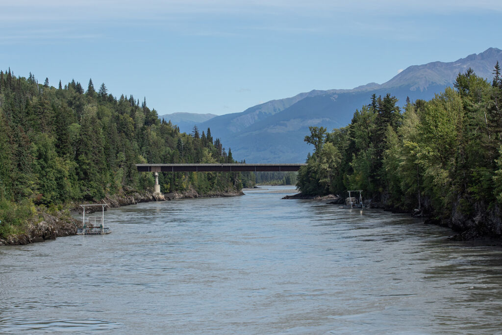 A view of the Nass River from the Gitwinksihlkw suspension bridge overlooking Fishwheels 1 and 2.