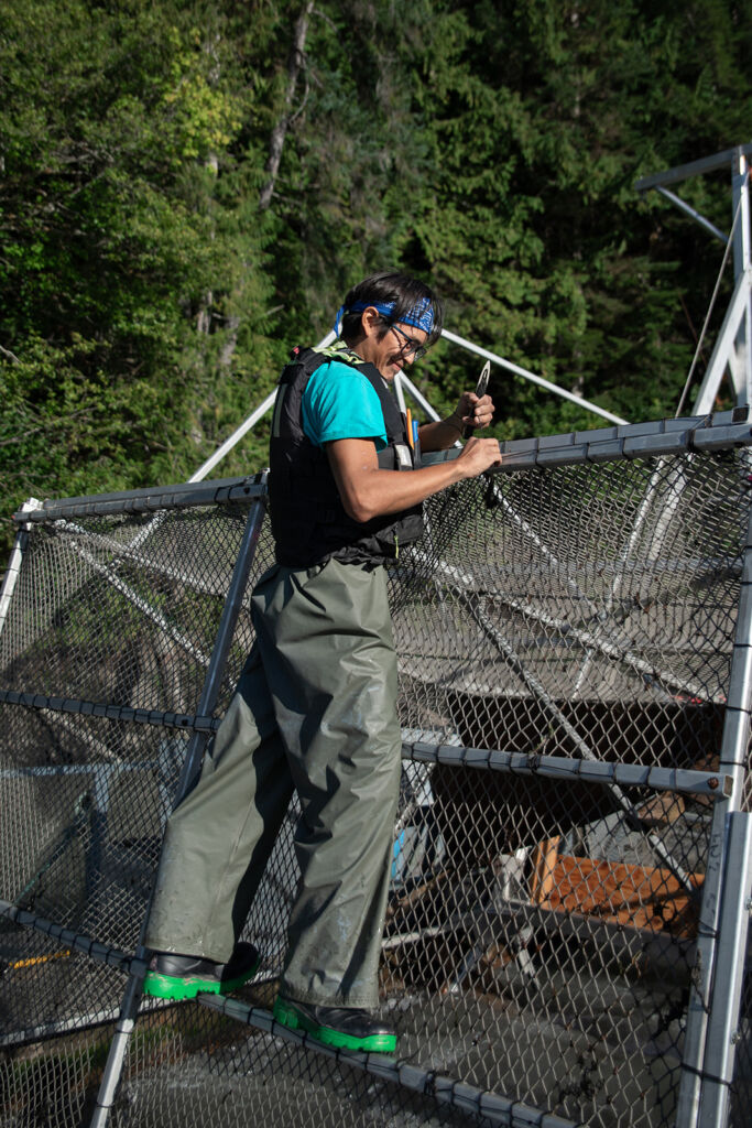 A technician climbs on top of the fishwheel basket to make repairs.