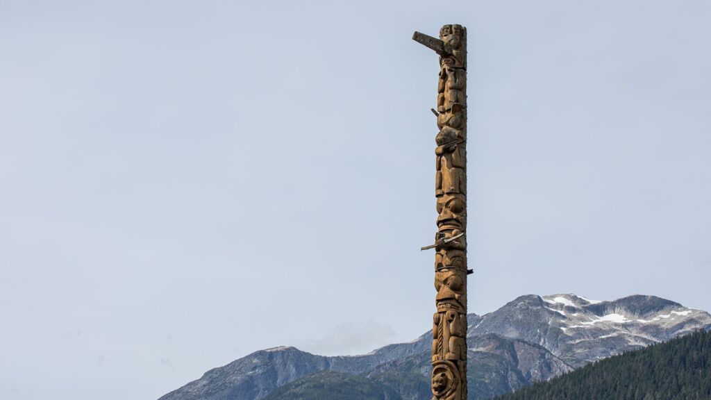 The top half of a totem pole in the village of Gitwinksihlkw.