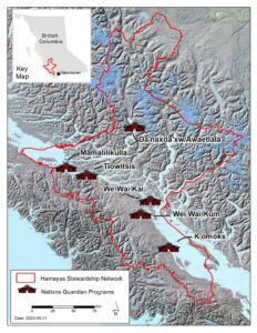 A map covering the south-western part of the Great Bear Rainforest spanning the territories of Da'naxda'xw, Mamalilikulla, Tlowitsis, We Wai Kai, Wei Wai Kum, and Komoks First Nations