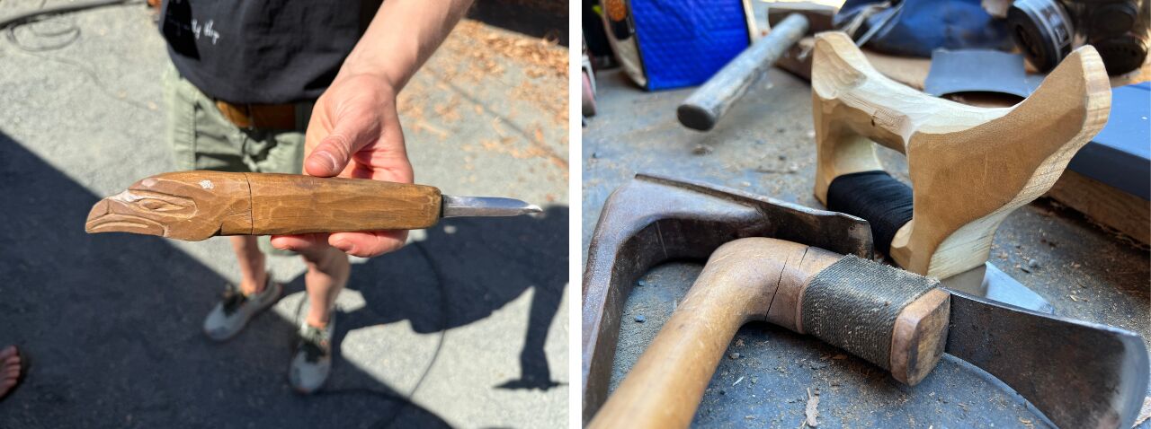 A variety of hand crafted tools. On the left, a crooked knife carving tool that has an intricate handle in the shape of an eagle. On the right, a variety of different hand adzes.