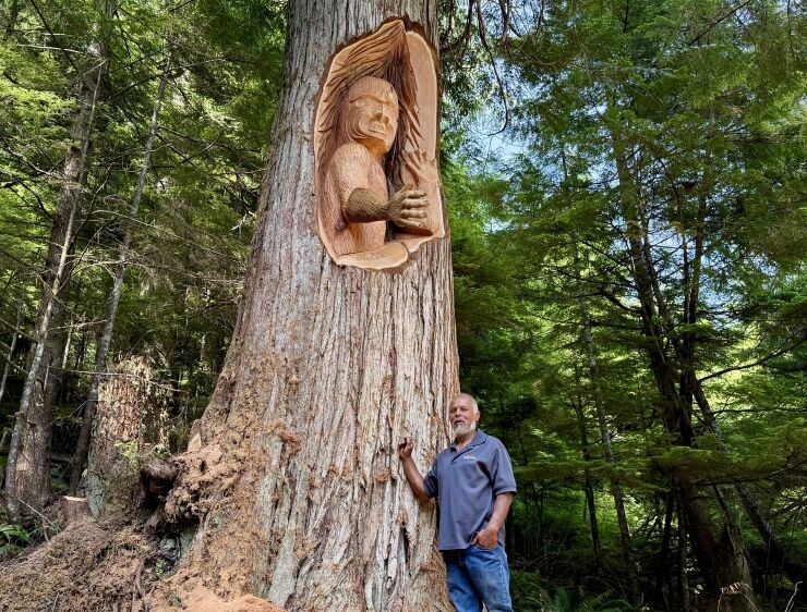 Carver See-wees Max Chickite stands before a living carving of a wild man. The tree is 35 metres tall and surrounded by lush old growth. Max stands to the right of the tree and is wearing a blue shirt and jeans. About a metre above his head is a carving of a wild man, carved into the red cedar tree.