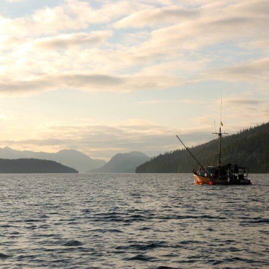 A fishing boat is far in the distance of ocean waters. Mountains can be seen beyond in the distance.