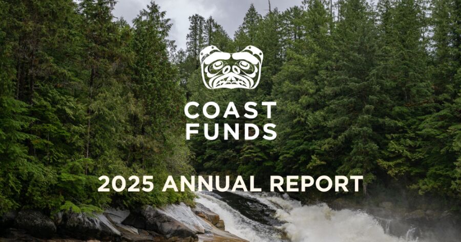 A photograph of a rainforest and waterfall. Superimposed on top is the Coast Funds logo in white and text below it that says "2025 Annual Report". The logo is in the shape of a bear using North West Coast Indigenous art style.