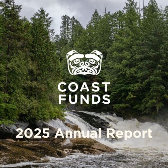 A photograph of a rainforest and waterfall. Superimposed on top is the Coast Funds logo in white and text below it that says "2025 Annual Report". The logo is in the shape of a bear using North West Coast Indigenous art style.