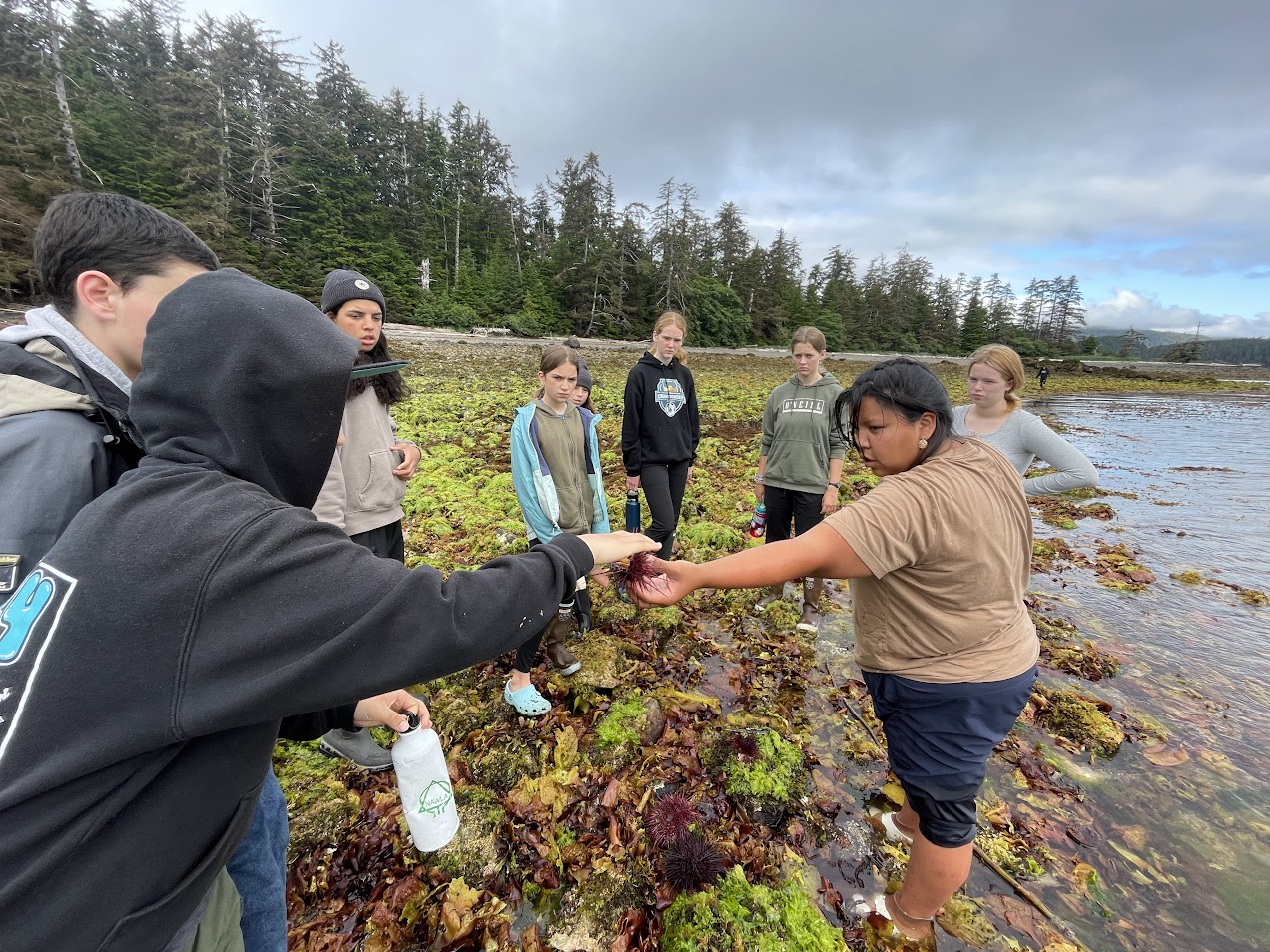 Youth and camp workers are standing on the shore. They are passing around an anemone. 