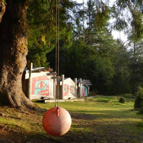 The photograph is outside and depicts a swing in the foreground. Behind, in the background, is arow of long houses with green and red painted ovoid shapes covering the front.