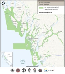 map of the central coast of British Columbia, with green shading to indicate the boundaries of a new protected area